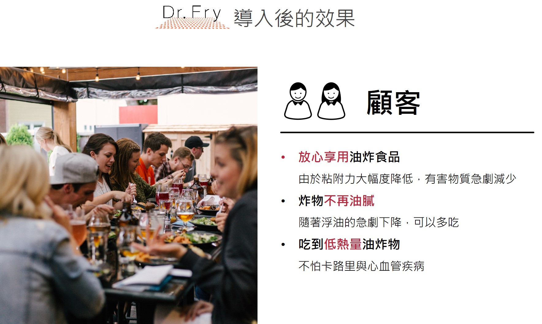 Dr. Fry 導入後的效果 顧客 放心享用油炸食品 　  由於粘附力大幅度降低，有害物質急劇減少 炸物不再油膩 　  隨著浮油的急劇下降，可以多吃 吃到低熱量油炸物 　  不怕卡路里與心血管疾病