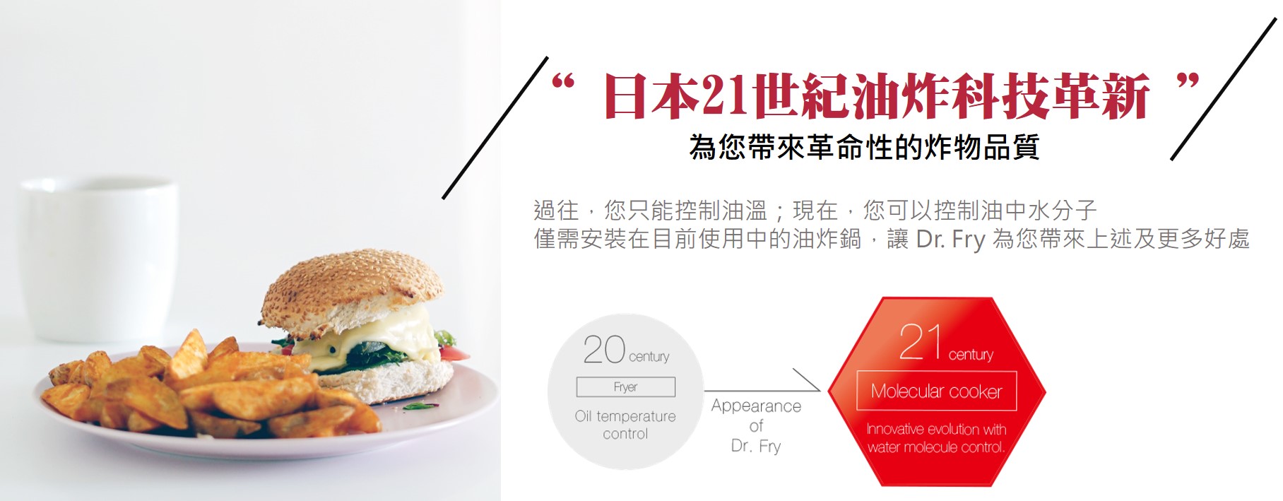 “ 日本21世紀油炸科技革新 ”  為您帶來革命性的炸物品質   過往，您只能控制油溫；現在，您可以控制油中水分子 僅需安裝在目前使用中的油炸鍋，讓 Dr. Fry 為您帶來上述及更多好處
