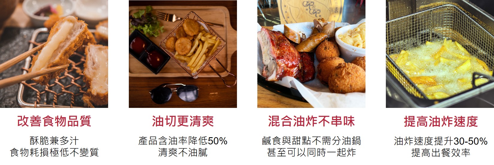 改善食物品質  酥脆兼多汁 食物耗損極低不變質 油切更清爽  產品含油率降低50% 清爽不油膩  混合油炸不串味  鹹食與甜點不需分油鍋 甚至可以同時一起炸  提高油炸速度  油炸速度提升30-50% 提高出餐效率